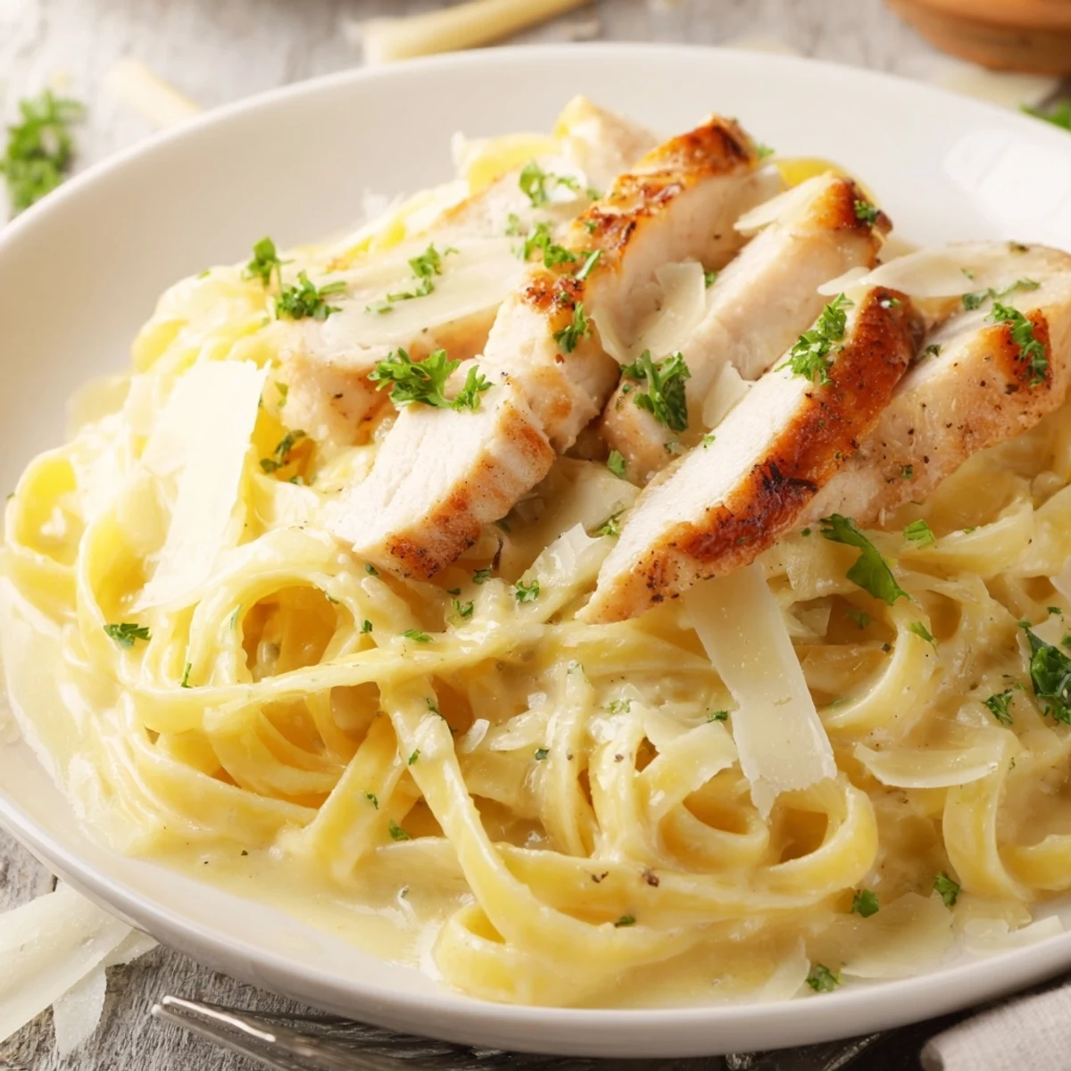 Creamy Garlic Chicken Pasta served with crusty bread, melting Parmesan, warm aroma