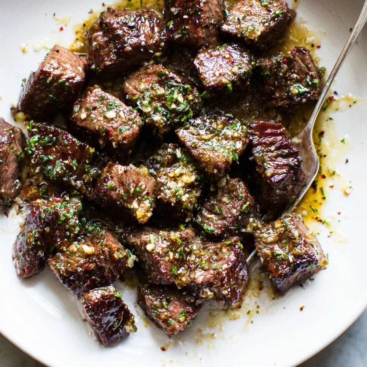 Fork piercing Cowboy Butter Steak Bites glazed in melted butter, herbs, cracked black pepper