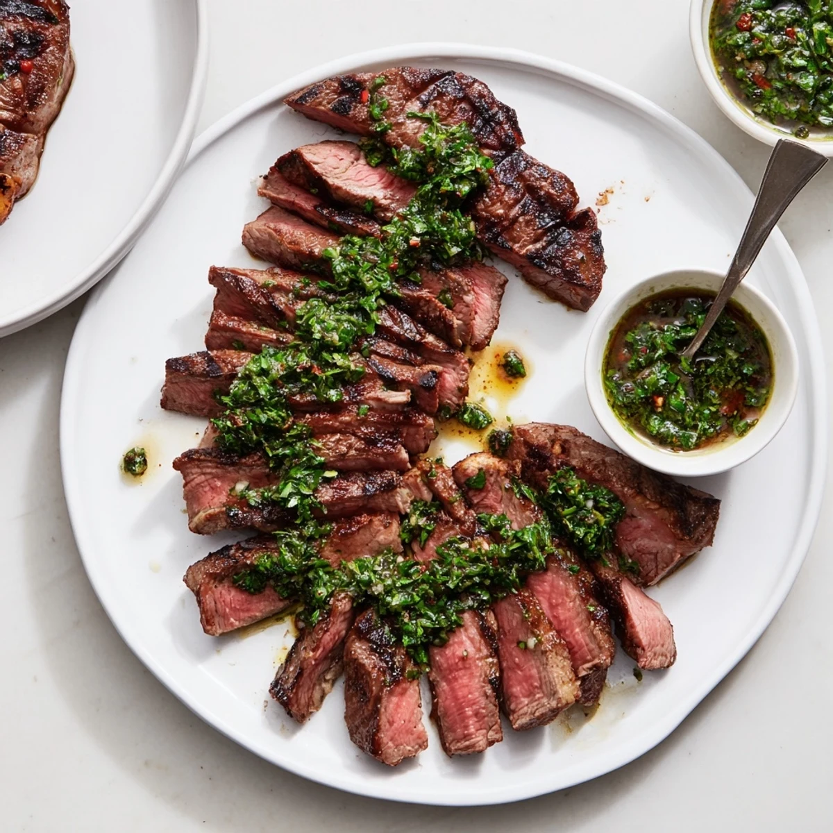 Chimichurri Steak Recipe: sliced ribeye glistening with vibrant herby green sauce
