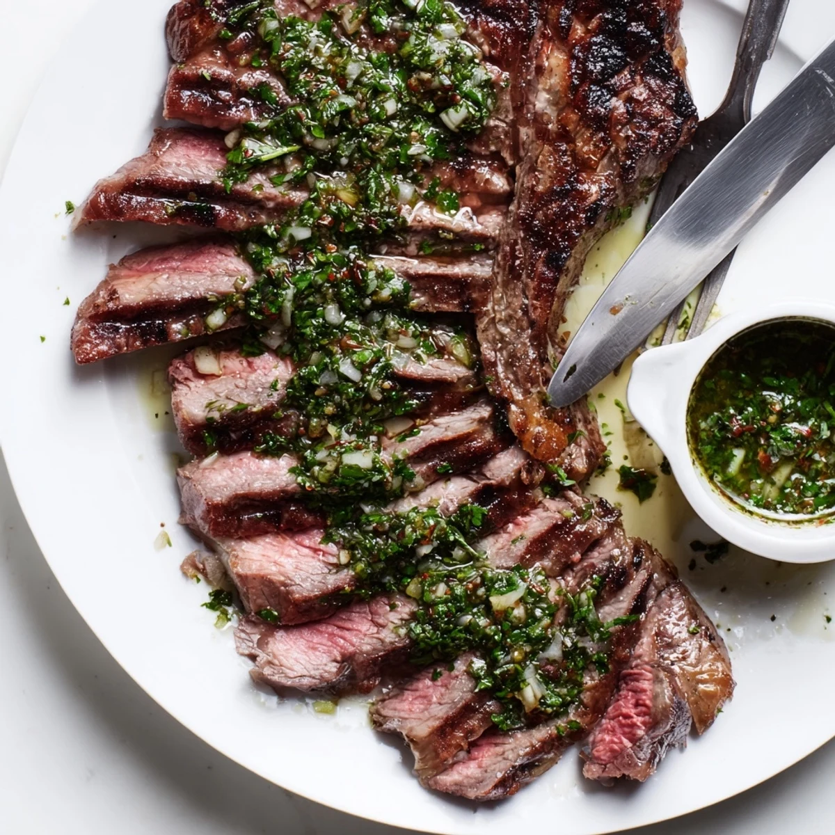 Grilled Chimichurri Steak Recipe served on platter, aromatic garlic and parsley