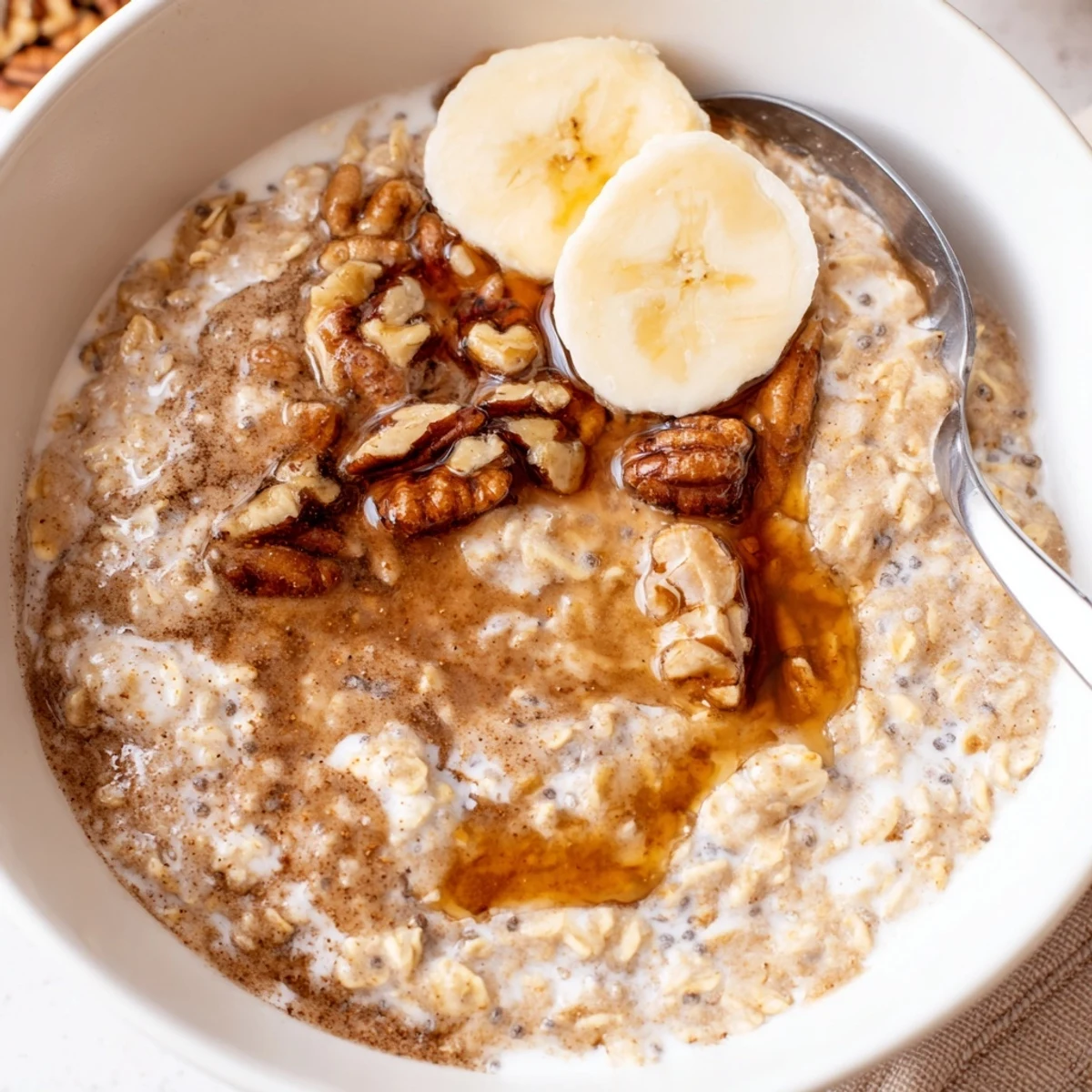 Creamy Brown Sugar Coffee Overnight Oats topped with sliced banana and pecans