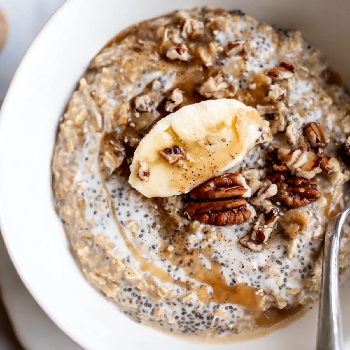 Chilled Brown Sugar Coffee Overnight Oats with toasted nuts and maple drizzle