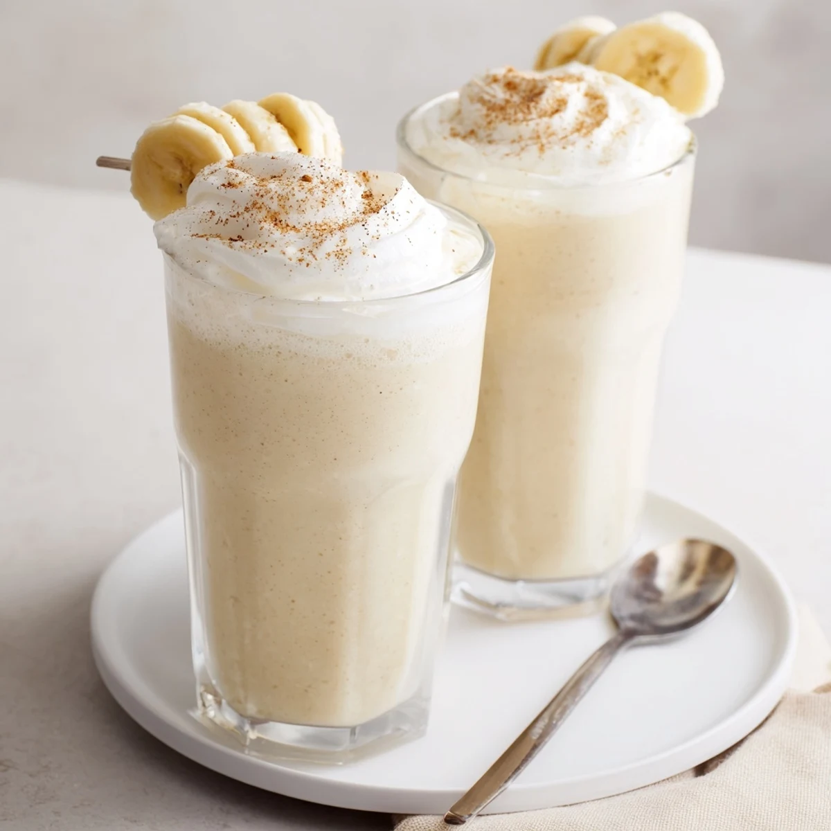 Thick Vanilla Banana Shake topped with whipped cream and sliced banana