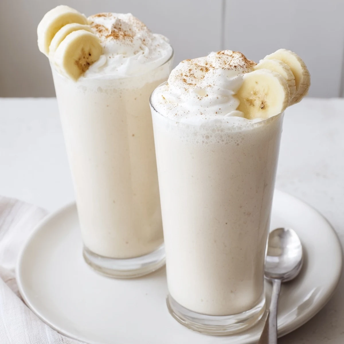 Creamy Vanilla Banana Shake in chilled glass with frothy texture, cinnamon sprinkle