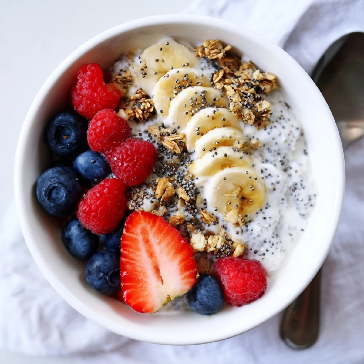Cottage Cheese Breakfast Bowl with creamy curds, bright berries, crunchy granola, honey drizzle