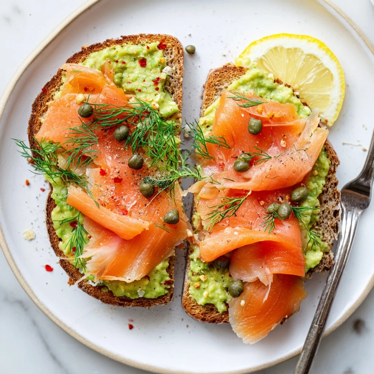 Silky Salmon Avocado Toast layered with mashed lemony avocado, capers sprinkled.
