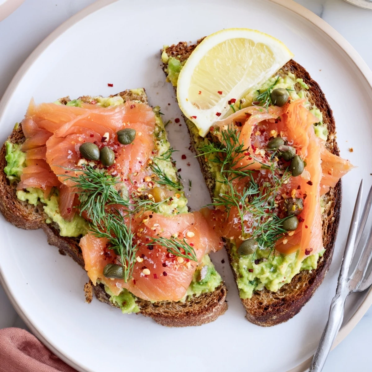 A vibrant plate of Salmon Avocado Toast, bright lemon wedge and dill.