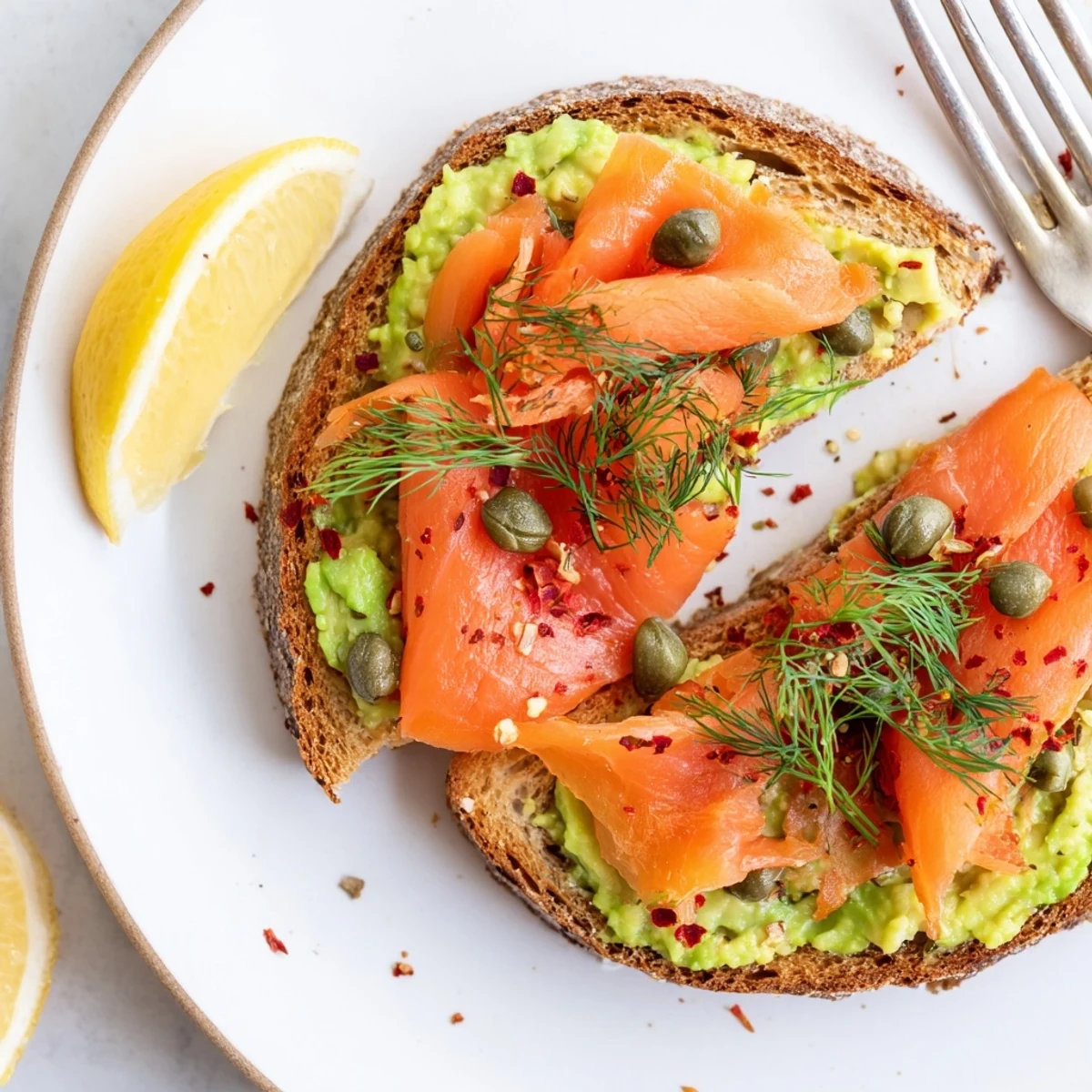 Weekend brunch Salmon Avocado Toast served with poached egg and pepper flakes.