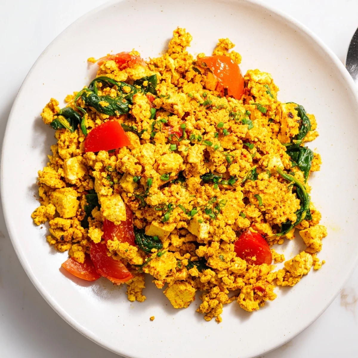 Tofu Scramble sizzling in skillet, served on crusty toast.