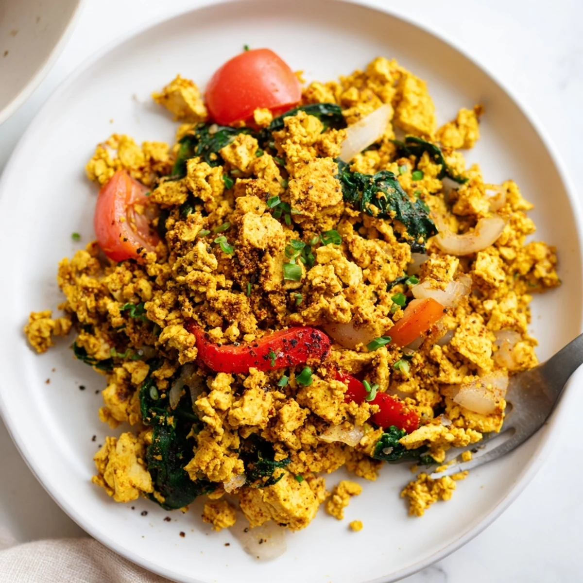 Golden turmeric-speckled Tofu Scramble with wilted spinach and charred peppers.