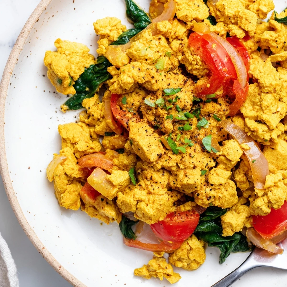 Bright, savory Tofu Scramble seasoned with black salt, garnished with fresh chives.