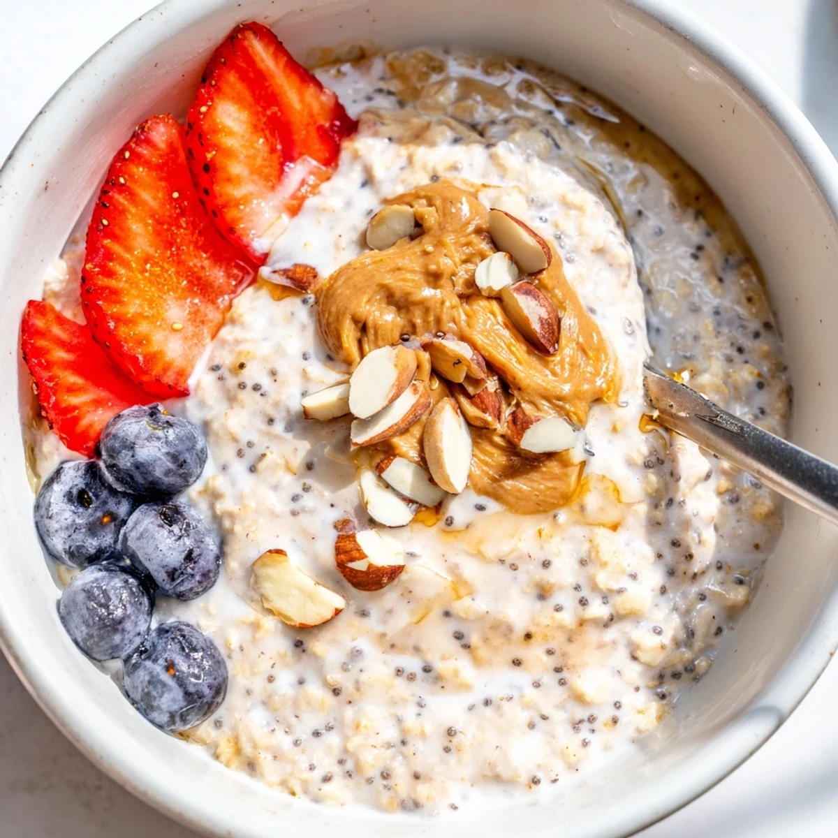 Creamy Protein Overnight Oats topped with fresh berries and chopped nuts