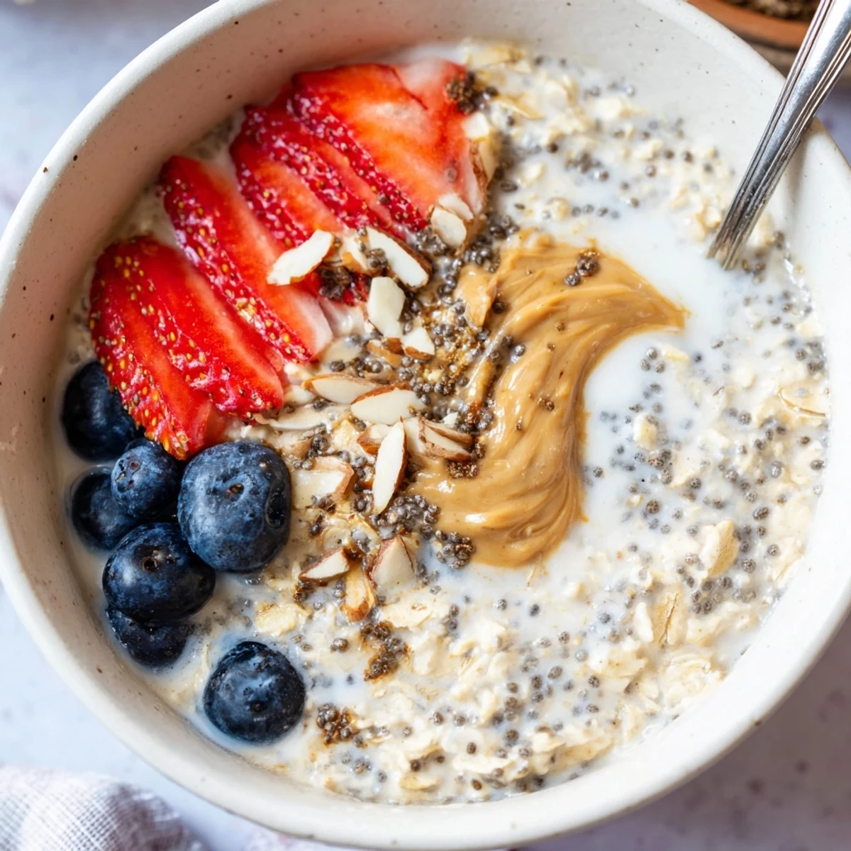 Chilled Protein Overnight Oats in a jar with spoon, nut butter swirl
