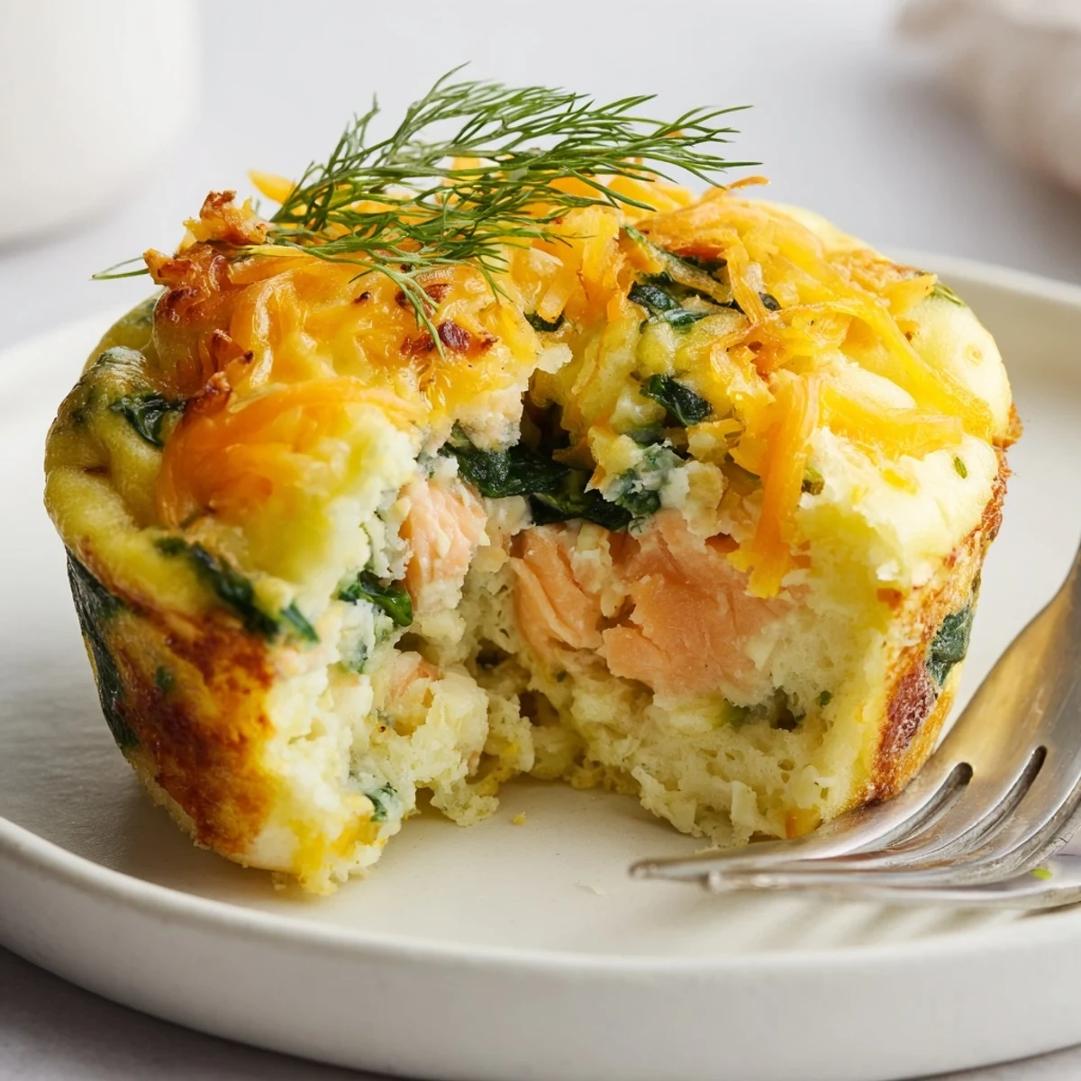 Smoked Salmon Egg Muffins with golden tops, flaky salmon, dill-scented custard