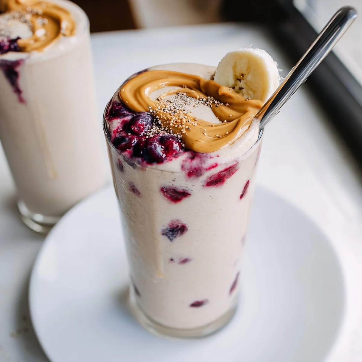 High Protein Smoothie: creamy berry and banana blend in chilled glasses