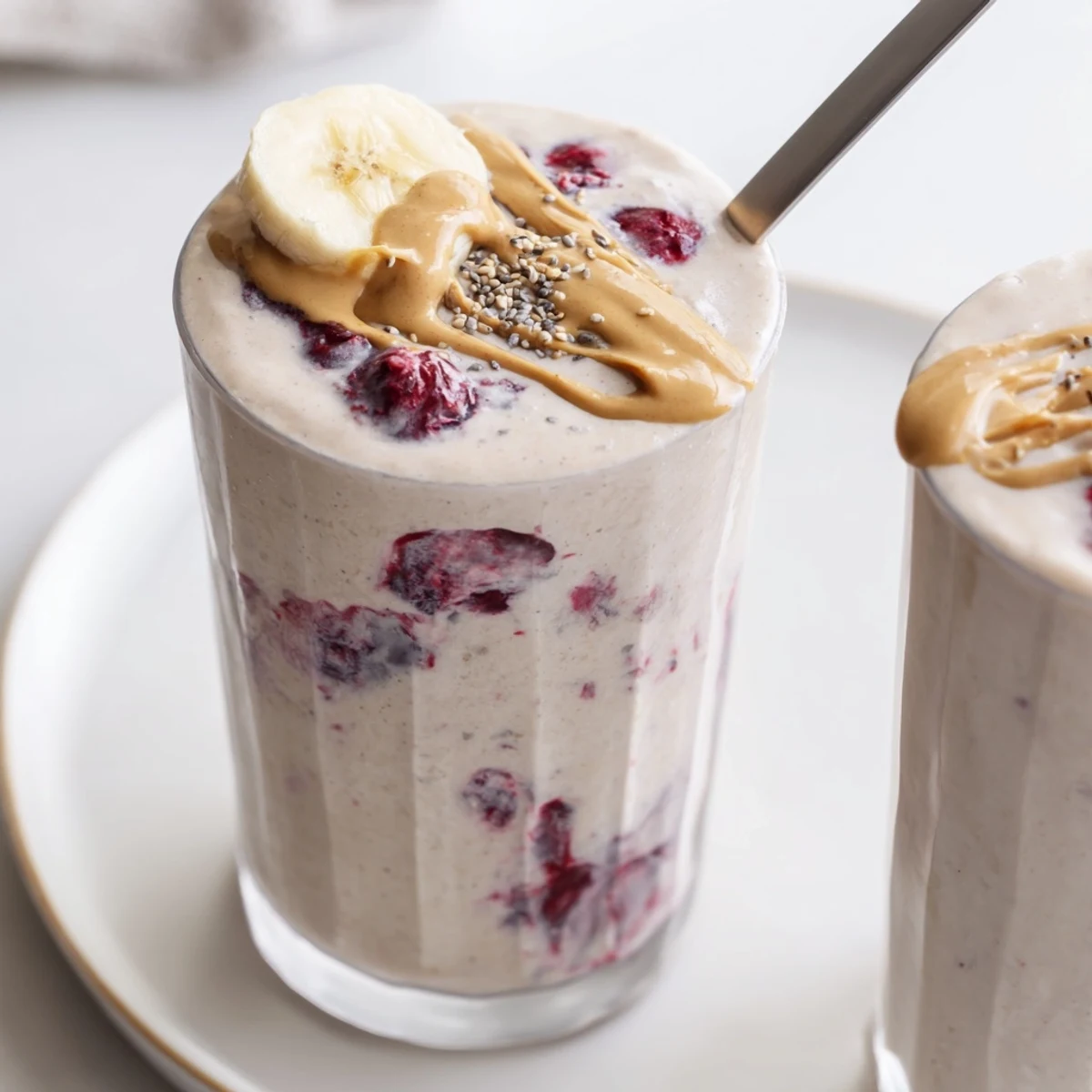 Two glasses of High Protein Smoothie garnished with chia seeds, ready to sip