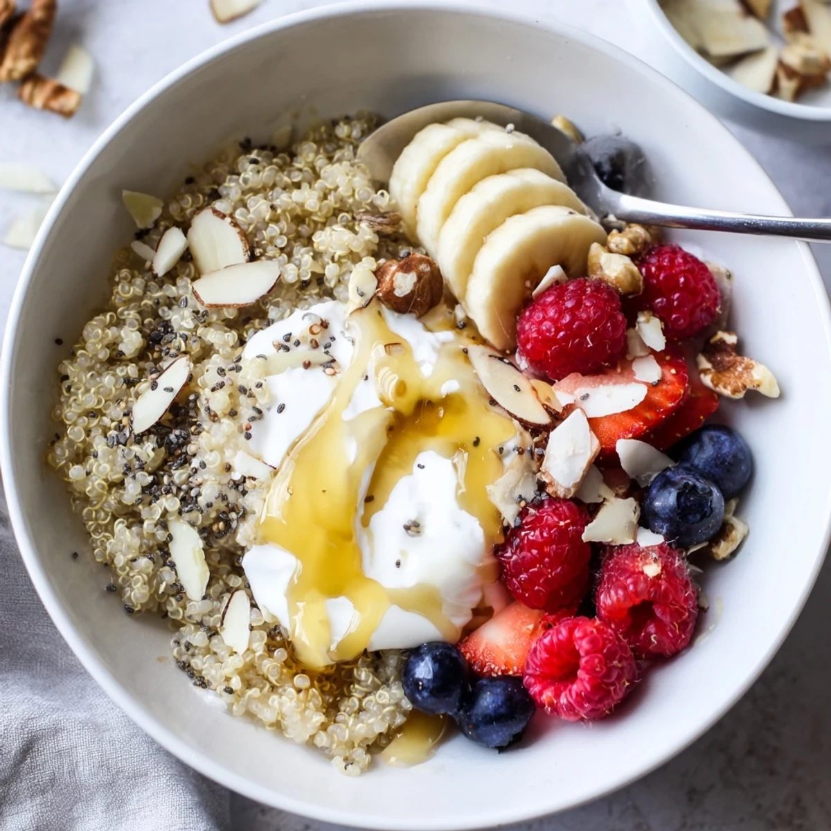 Warm Quinoa Breakfast Bowl served in a rustic bowl, drizzled with maple syrup