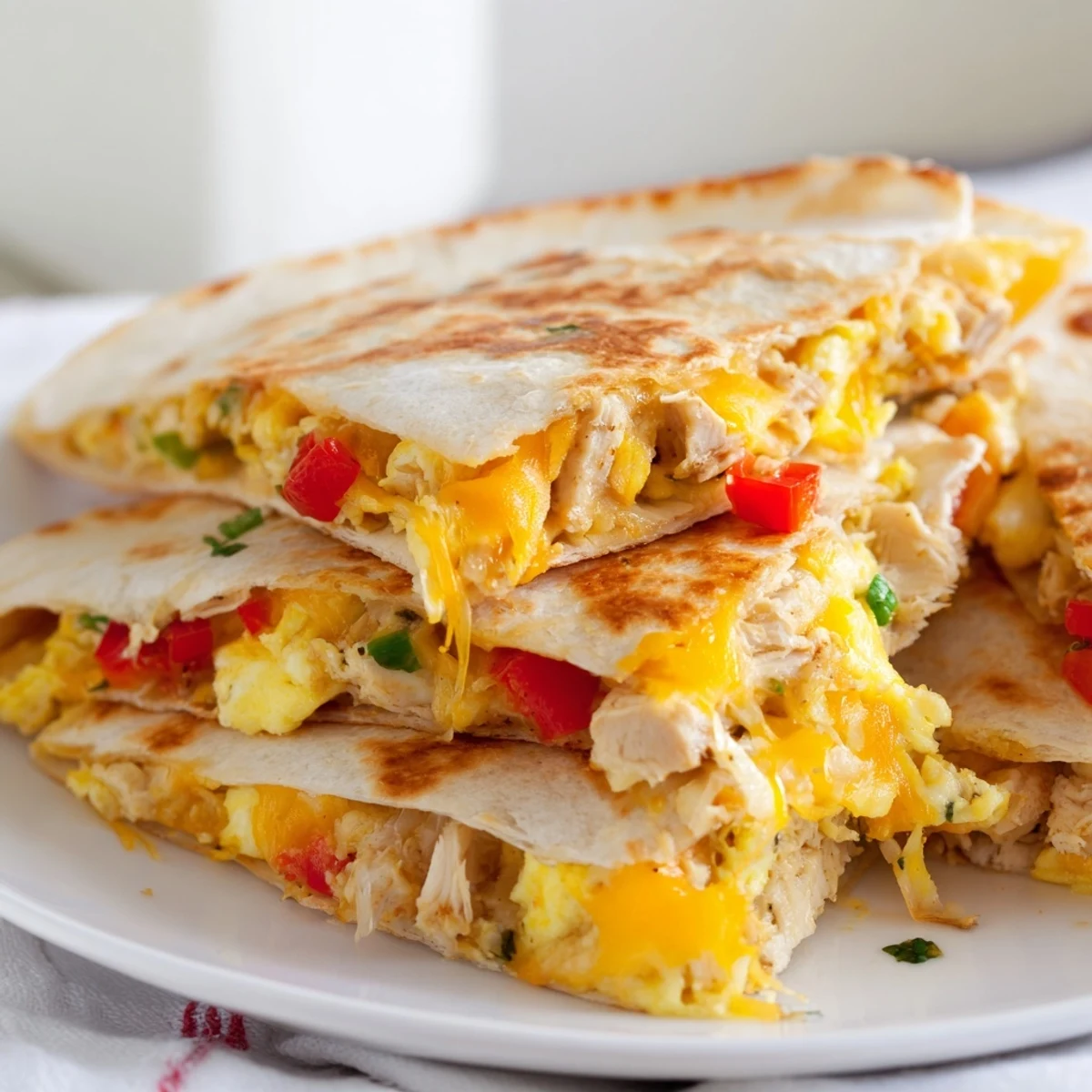 Chicken Breakfast Quesadilla with golden crisp tortilla, melty cheese, and tender chicken.