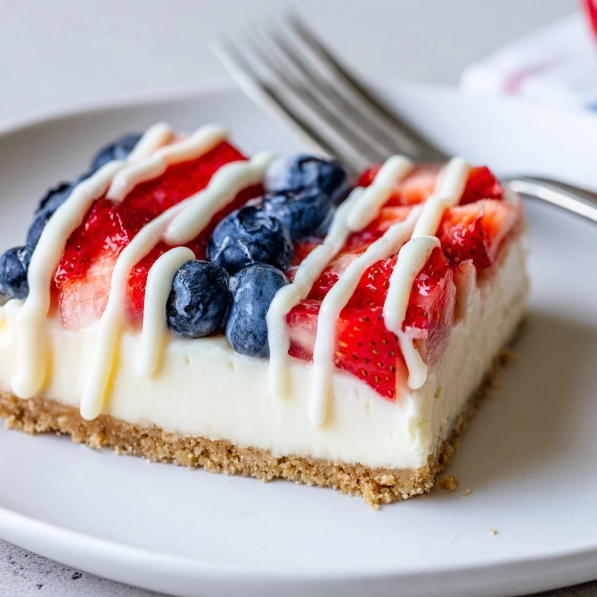 Chilled Patriotic Cheesecake Bars resting on parchment, creamy filling, berry topping.