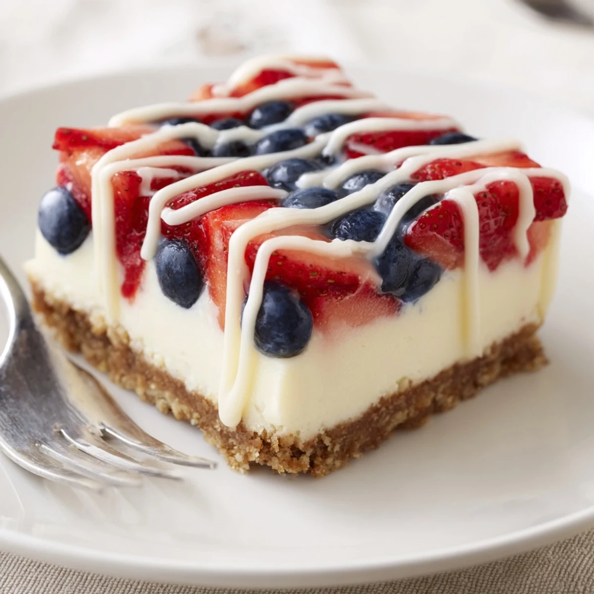 Sliced Patriotic Cheesecake Bars reveal velvety cream cheese and buttery graham.