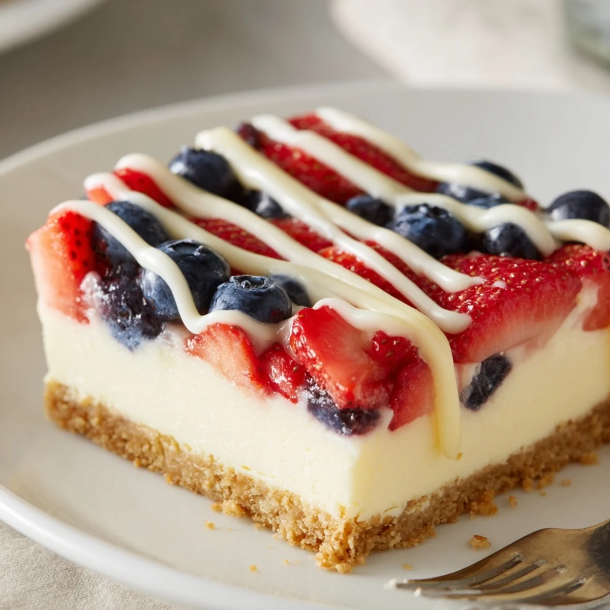 A platter of Patriotic Cheesecake Bars gleaming with berries and white chocolate drizzle.