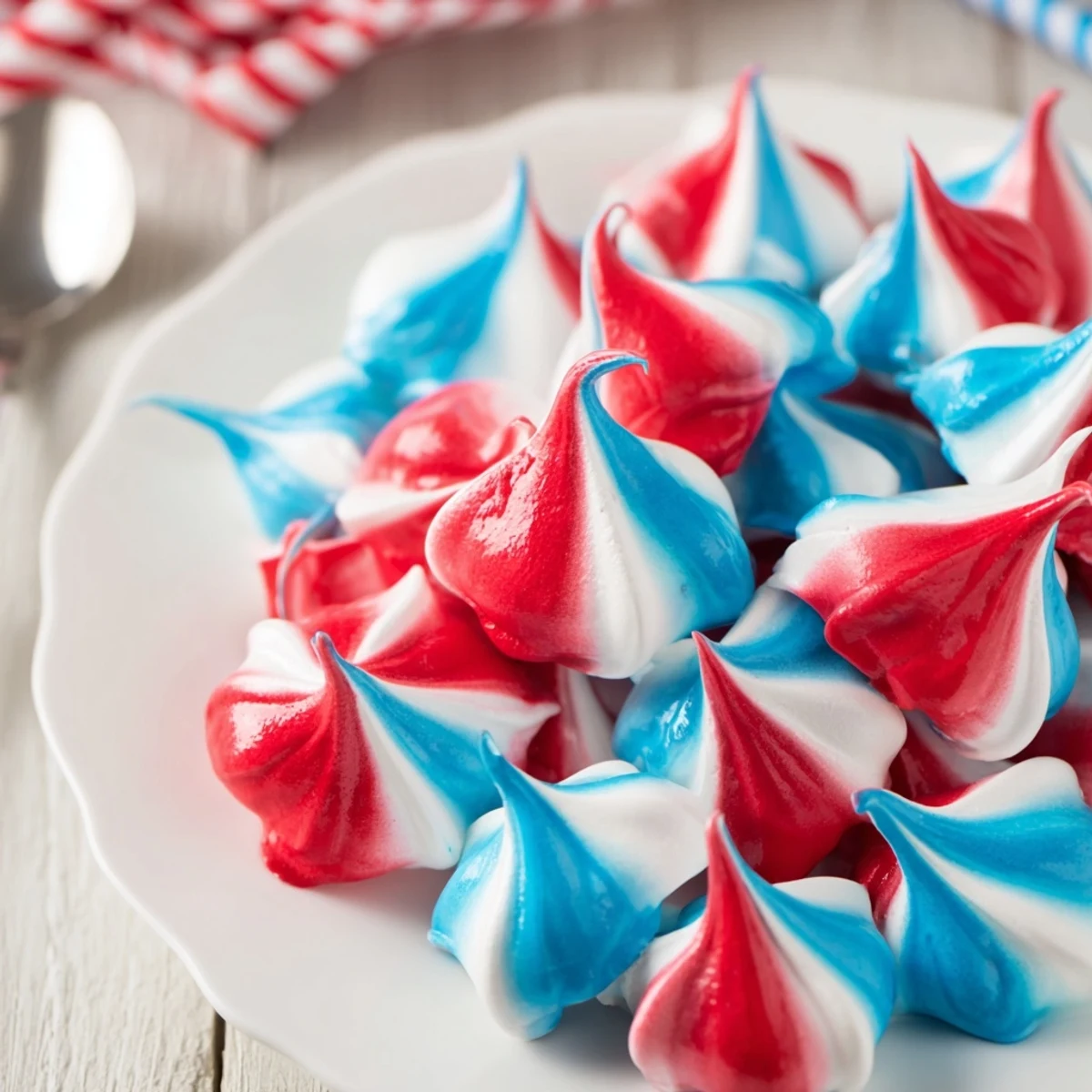 A plate of Patriotic Meringue Kisses with crisp edges and airy centers