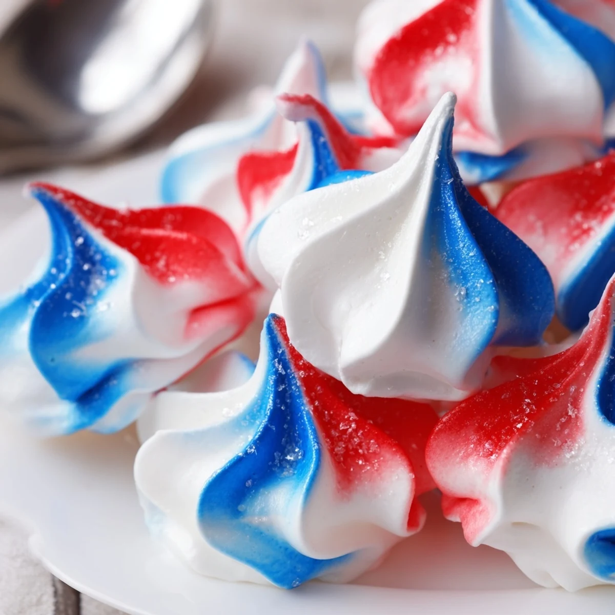 Close-up shows Patriotic Meringue Kisses piped in red, white, blue stripes