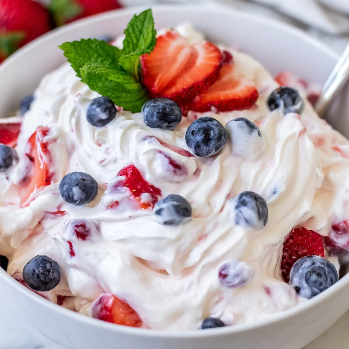 Red White Blue Cheesecake Salad piled in bowl, creamy berries and mint