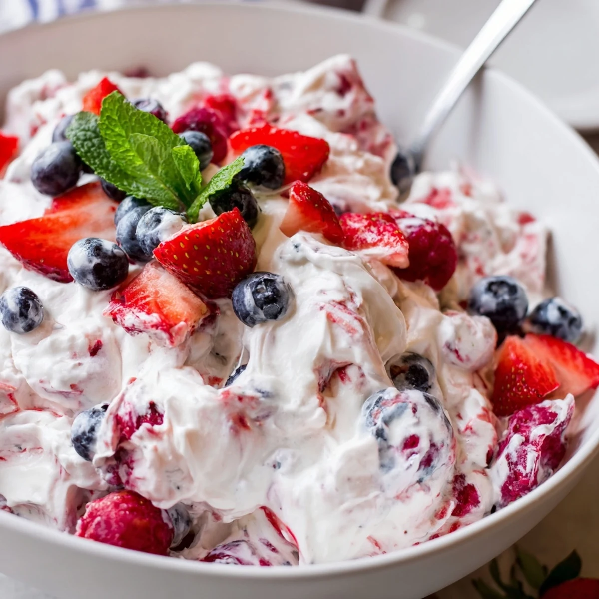 Fresh Red White Blue Cheesecake Salad with juicy strawberries, blueberries, velvety cream