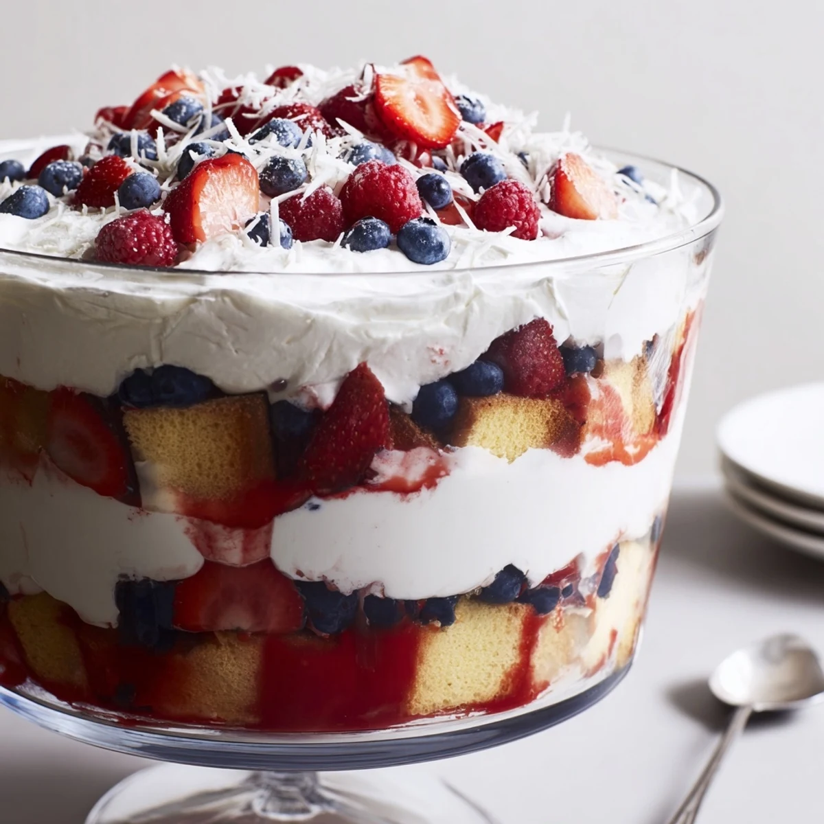 Red White And Blue Trifle layered with vanilla pudding, fresh berries, whipped cream