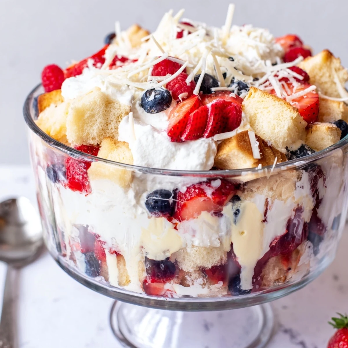 Chilled Red White And Blue Trifle in glass bowl, ready for Fourth of July