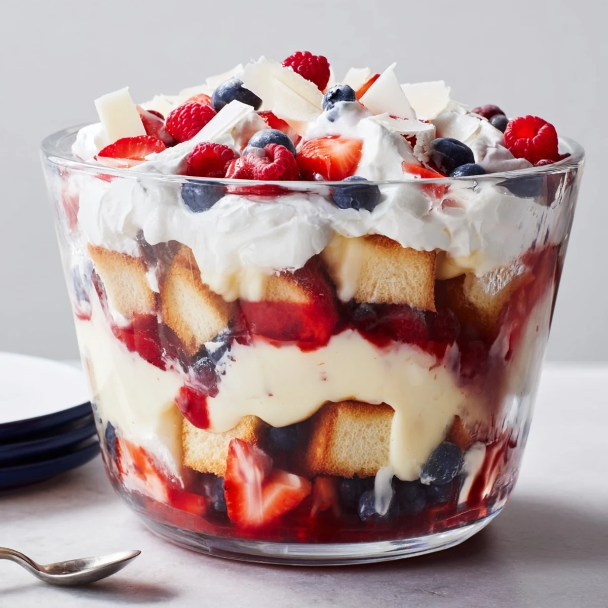 Spoons scoop into Red White And Blue Trifle, sweet cake and tart berries mingling