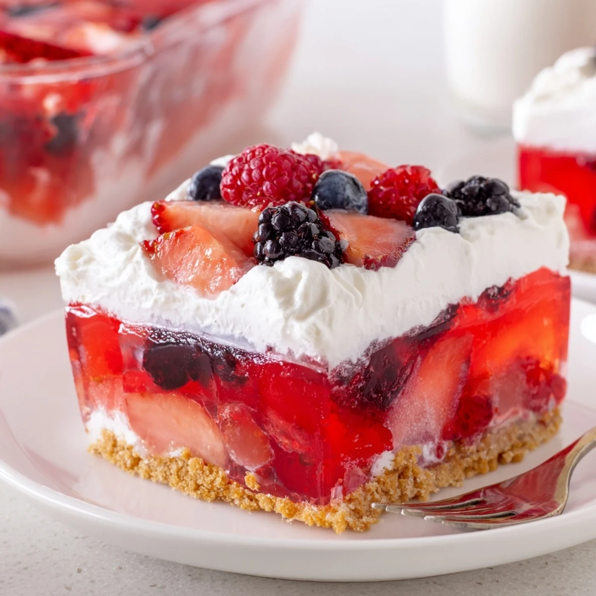 Slice of Summer Berry Jello Lasagna with whipped topping and fresh berries.