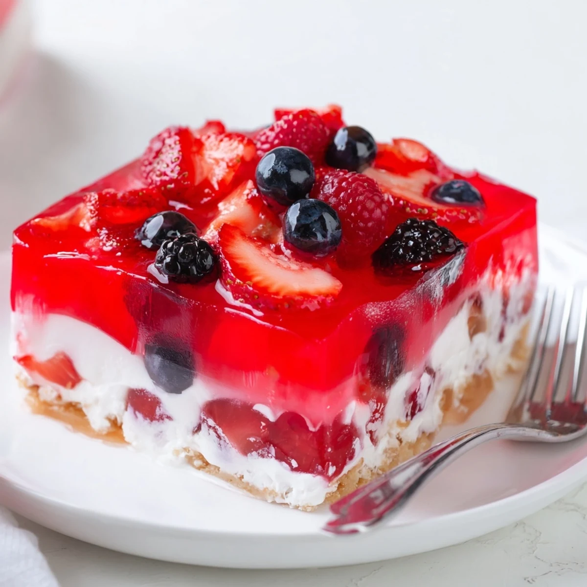 Creamy layers and glistening berries on Summer Berry Jello Lasagna, chilled.