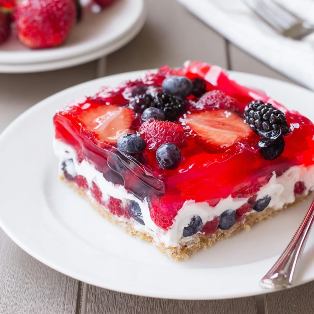 Summer Berry Jello Lasagna glows ruby-red, layered over graham crust, served picnic-ready.