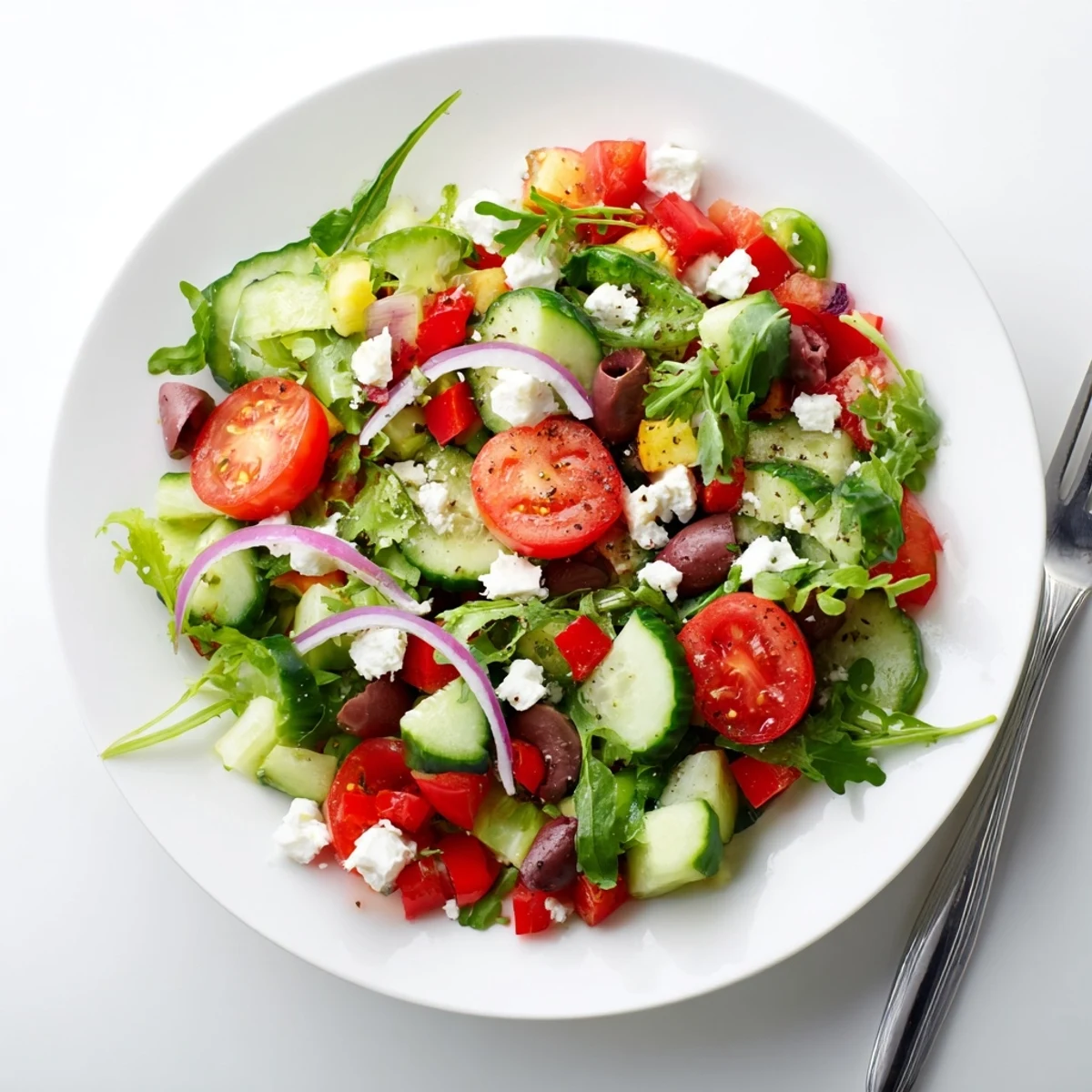 Easy Fresh Salad Recipe tossed in olive oil and lemon, ready to serve.