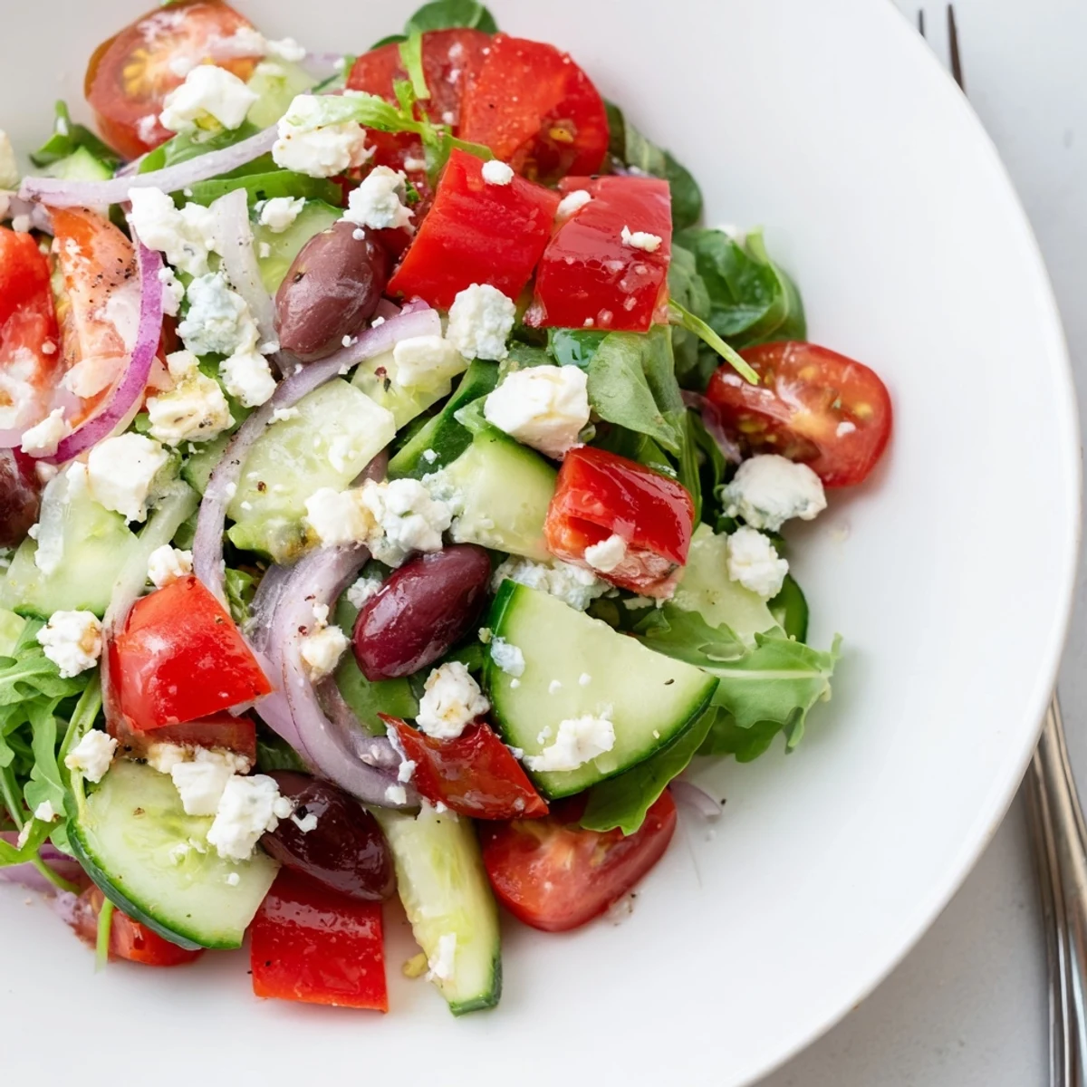 Colorful Fresh Salad Recipe featuring arugula, feta crumbles, tangy Dijon honey vinaigrette.