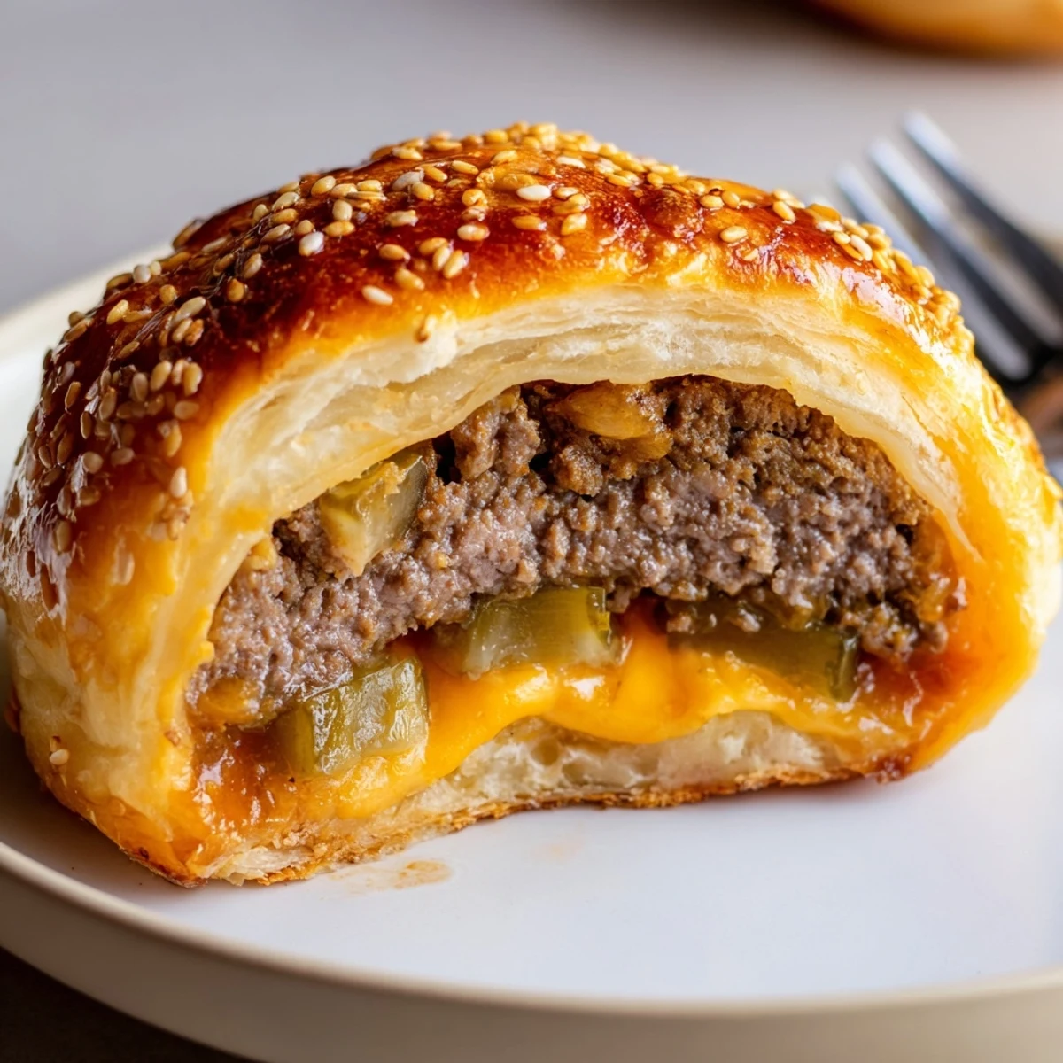 Golden baked Cheesy Cheeseburger Bombs bursting with melted cheddar, sesame seed tops.