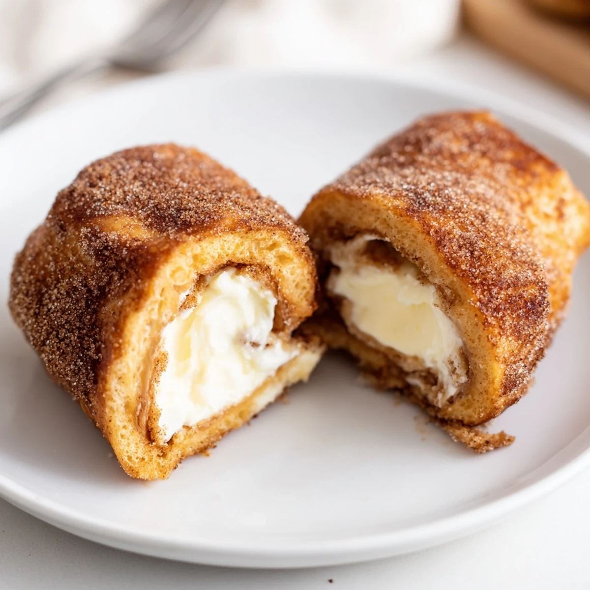 Cinnamon Roll French Toast Roll Ups served warm with maple syrup and powdered sugar