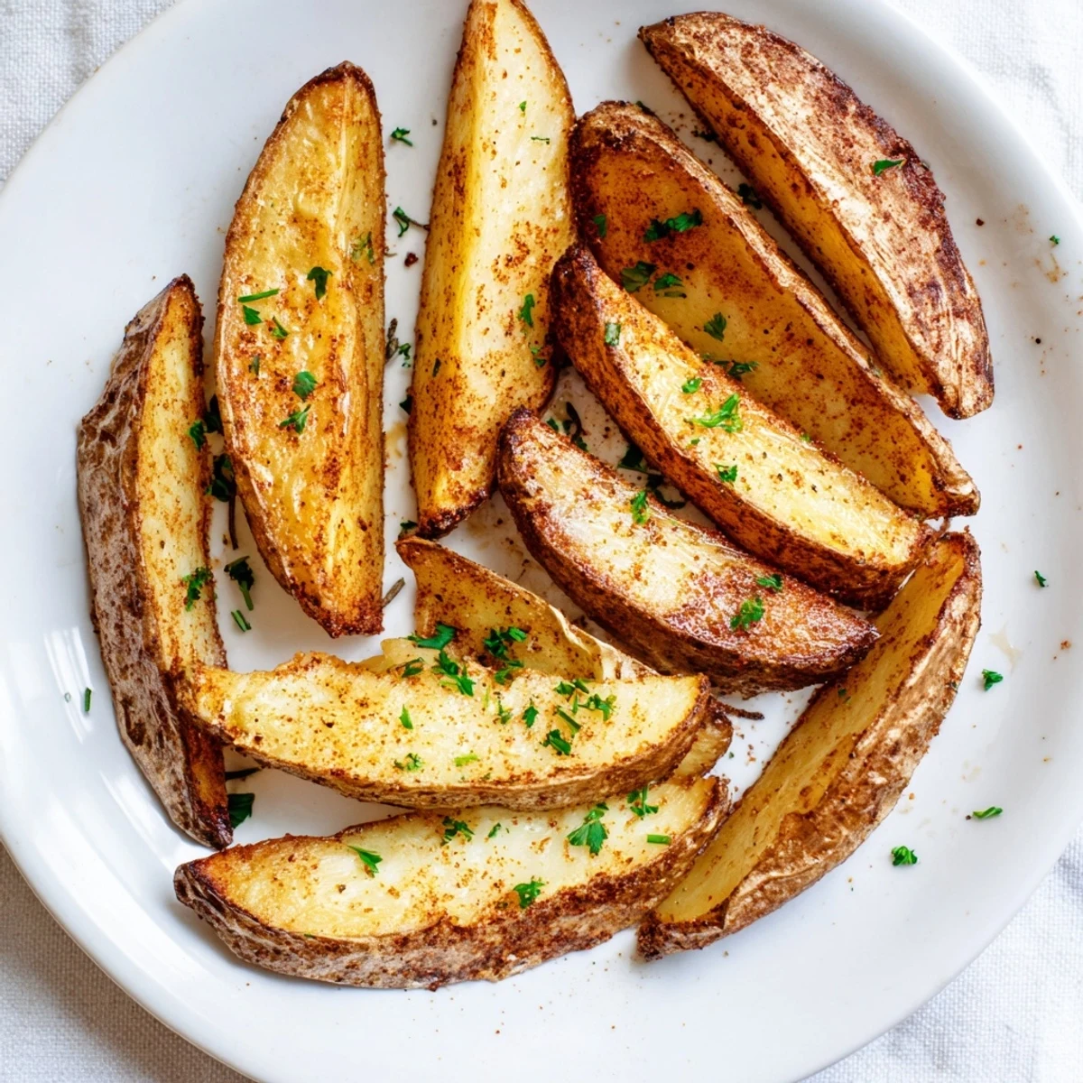 Golden oven-baked Potato Wedges, crispy edges and fluffy centers, served hot