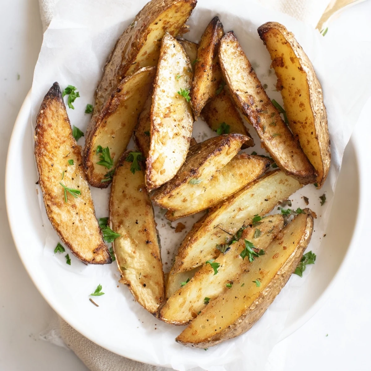 Crispy seasoned Potato Wedges on parchment, sprinkled with parsley, ready to dip
