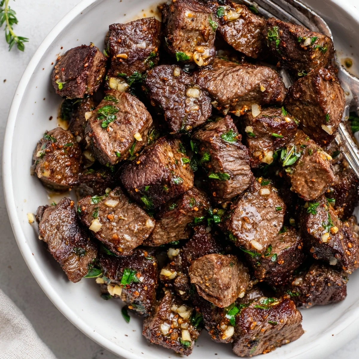 Garlic Butter Steak Bites glistening in butter, browned crust, sprinkled parsley  