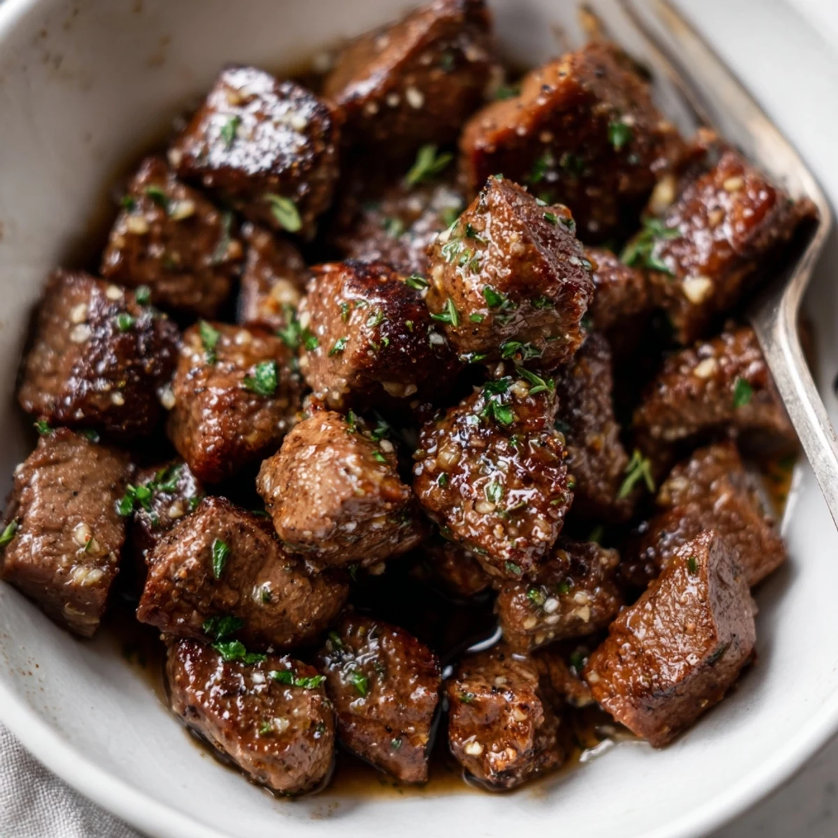 Plate of Garlic Butter Steak Bites steaming, garlicky aroma, perfect for dipping  