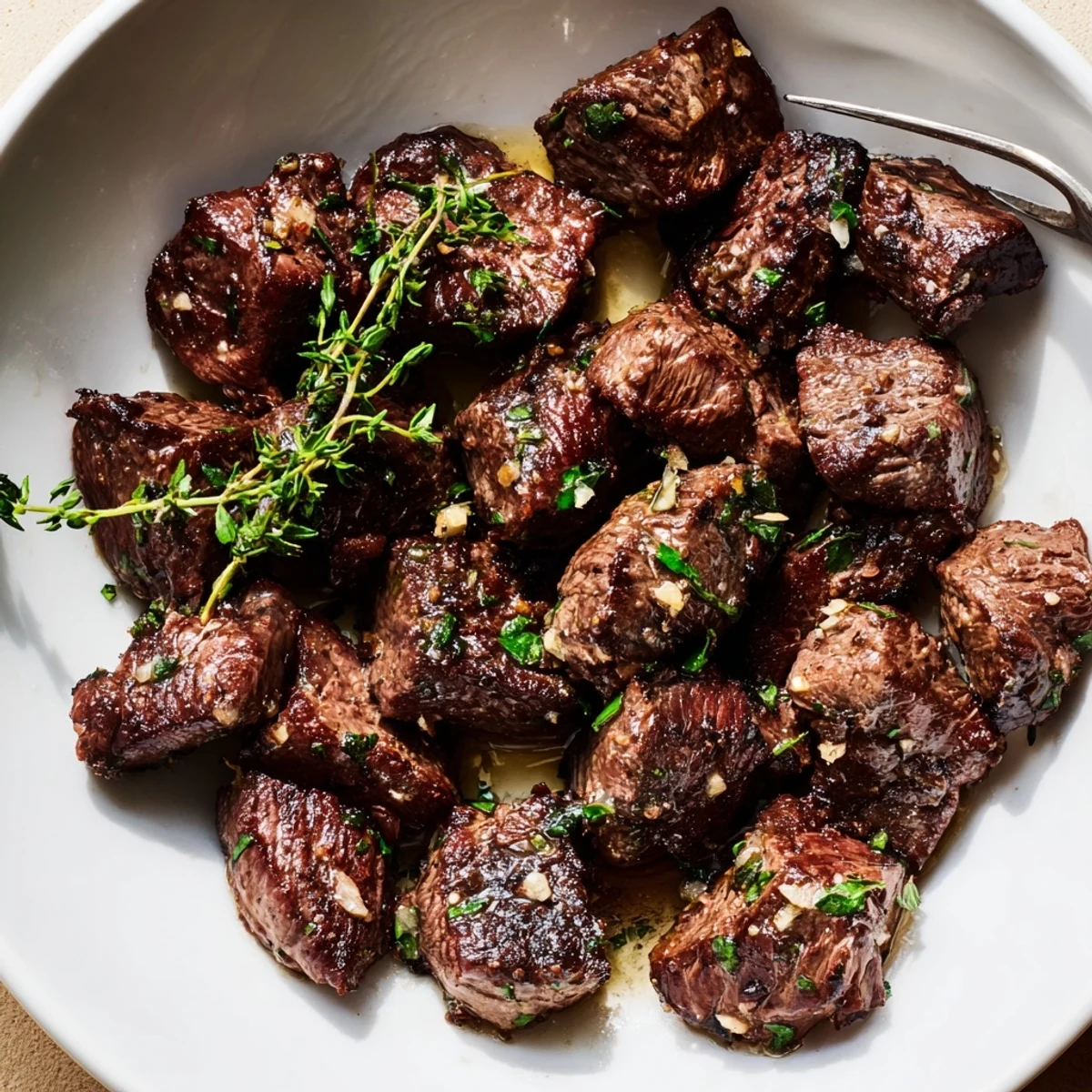 Cast-iron Garlic Butter Steak Bites seared golden, juicy centers, served with crusty bread