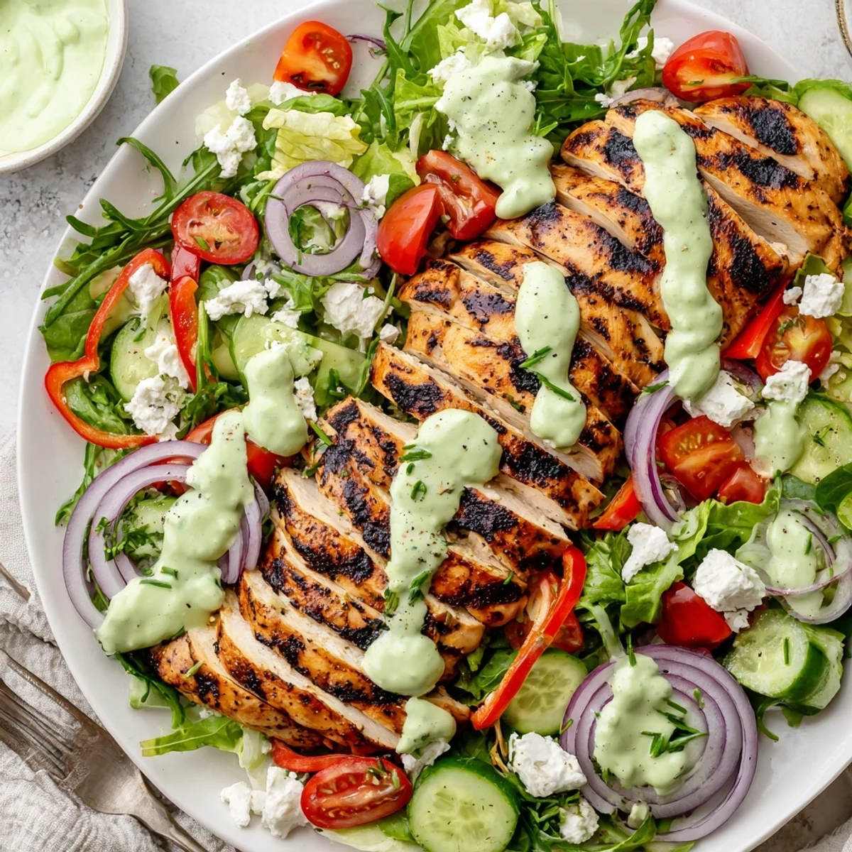 Grilled Chicken Salad Avocado Herb Dressing Recipe plated with charred chicken and tangy dressing