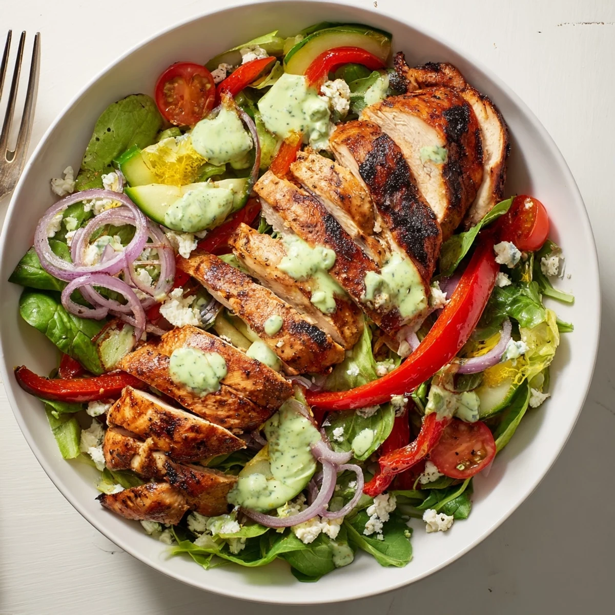 A bowl of Grilled Chicken Salad Avocado Herb Dressing Recipe topped with crumbled feta