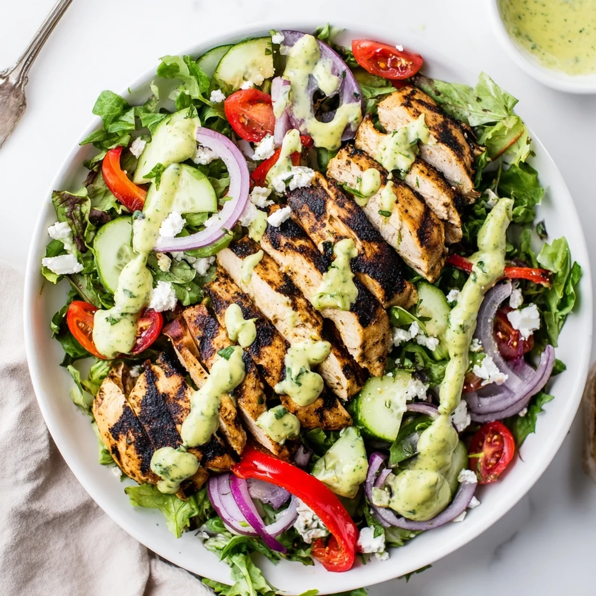 Bright greens in Grilled Chicken Salad Avocado Herb Dressing Recipe tossed with zesty lime