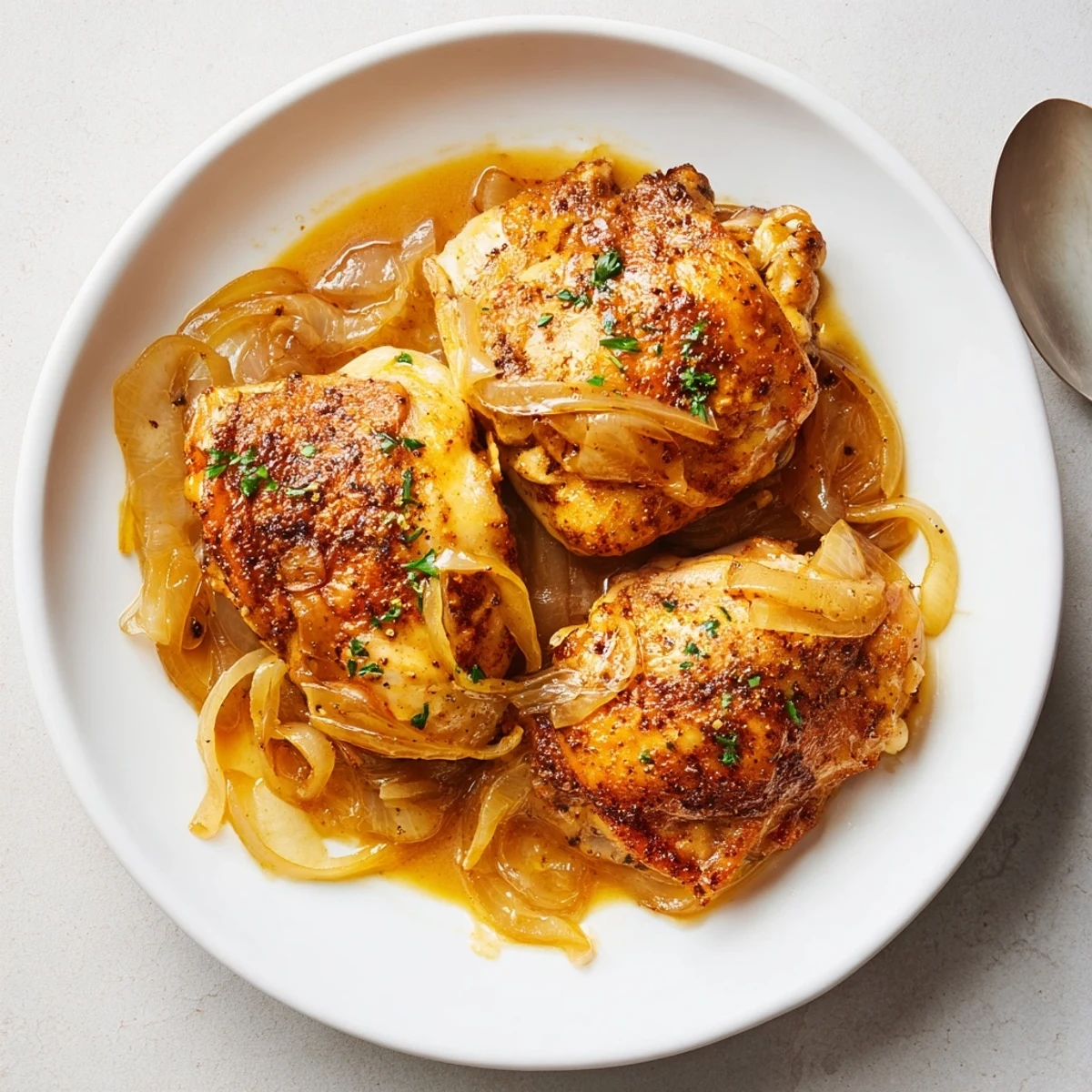 Savory Smothered Chicken Thighs in Rich Gravy, golden seared skin, steaming.