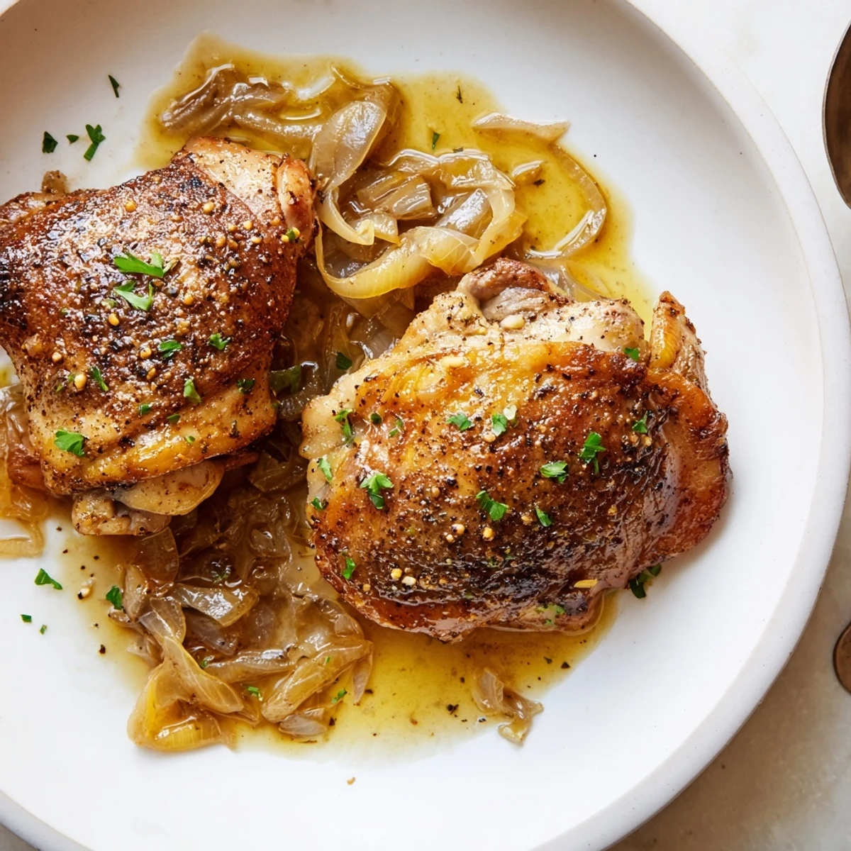 Hearty plate of Savory Smothered Chicken Thighs atop creamy mashed potatoes, fragrant.