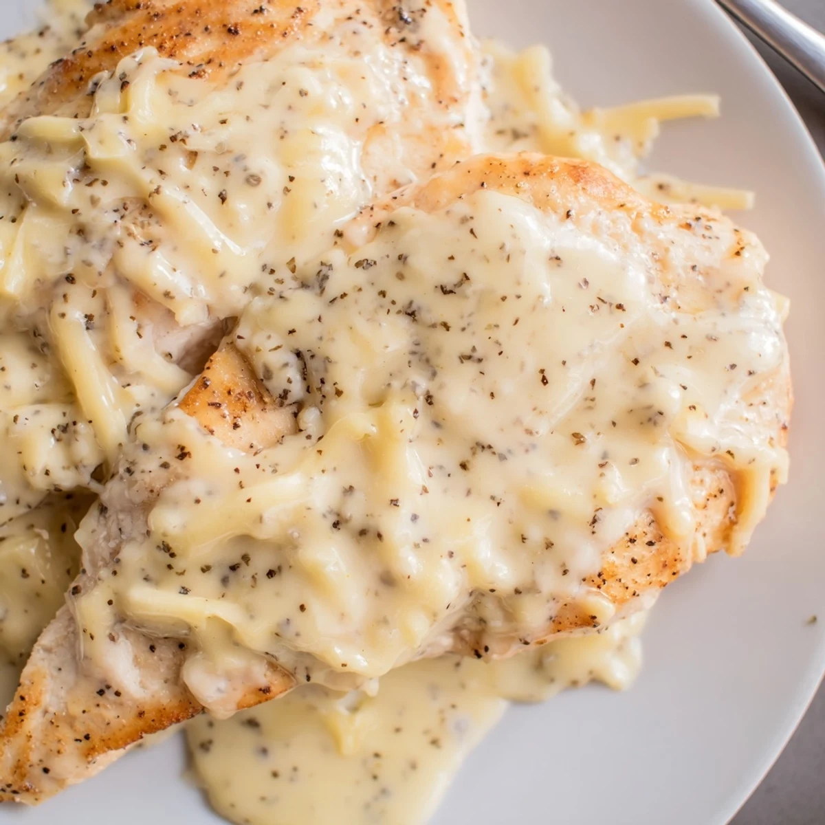 Spoonfuls of creamy Chicken With Cheese Sauce ladled over steamed broccoli.